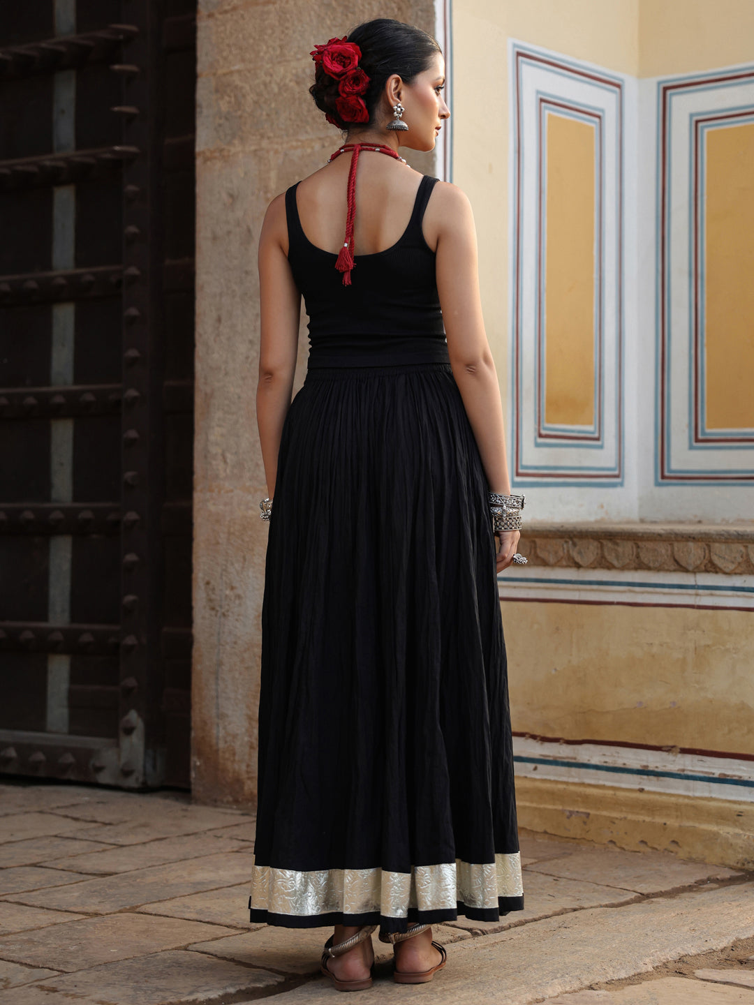 Women's Solid Flared Black Skirt
