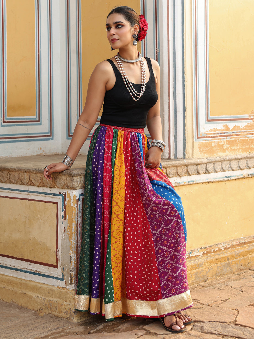 Women's Multi Coloured Bandhni Flared Long Skirt