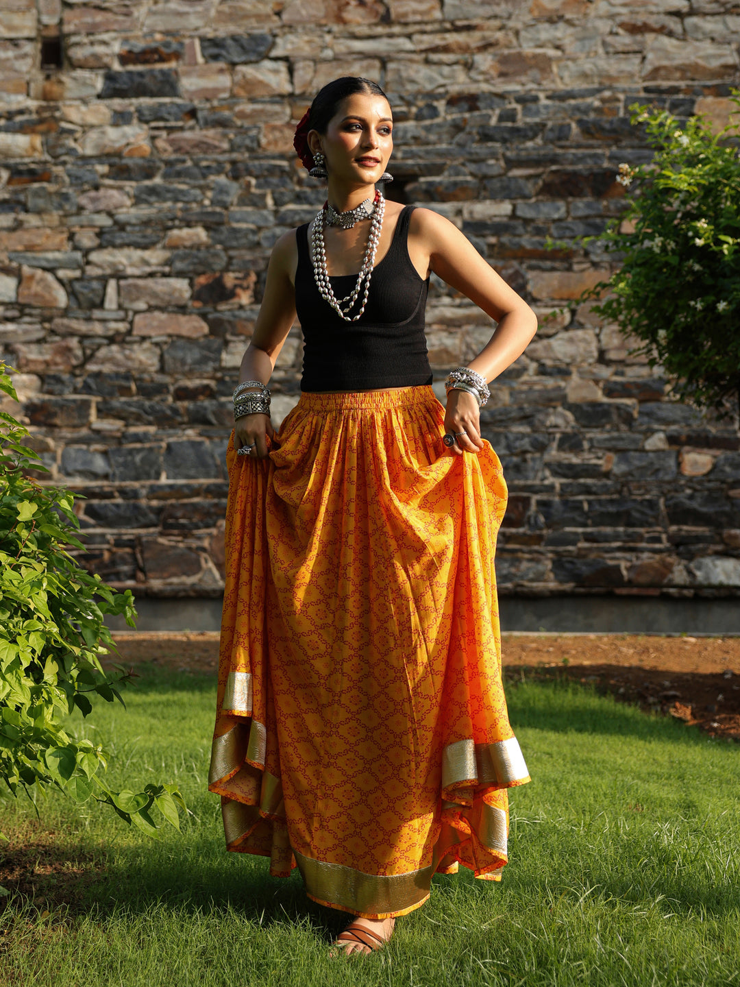 Women's Bandhani Printed Flared Long Skirt Yellow