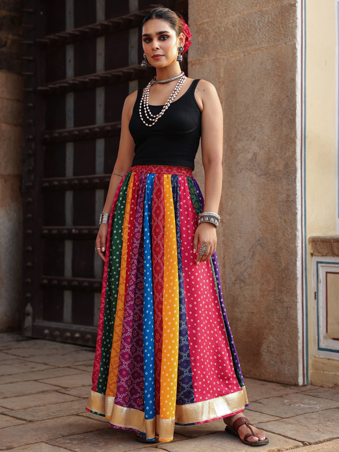 Women's Multi Coloured Bandhni Flared Long Skirt