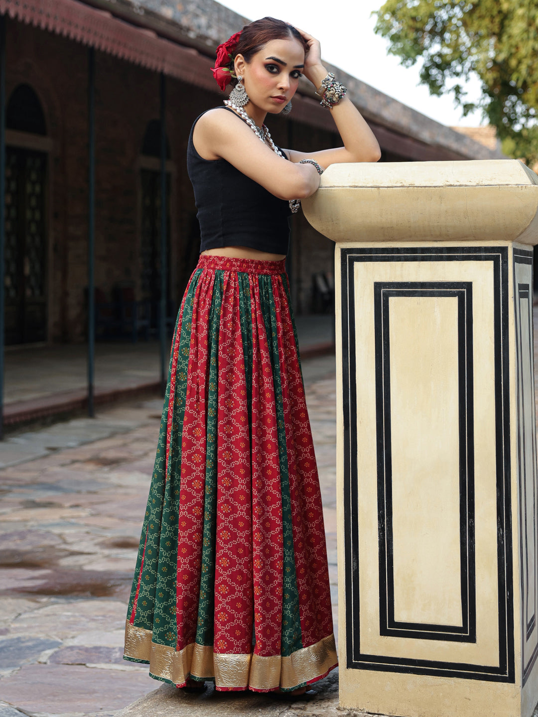 Women's Dual Coloured Bandhani Printed Long Skirt