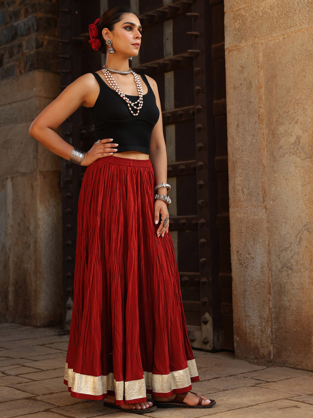 Women's Solid Flared Maroon Skirt