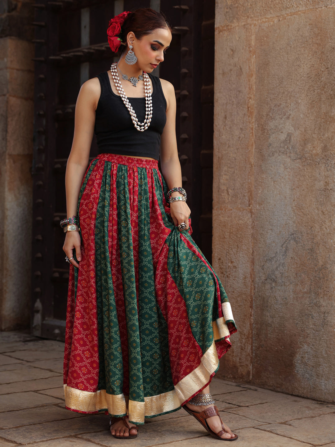 Women's Dual Coloured Bandhani Printed Long Skirt