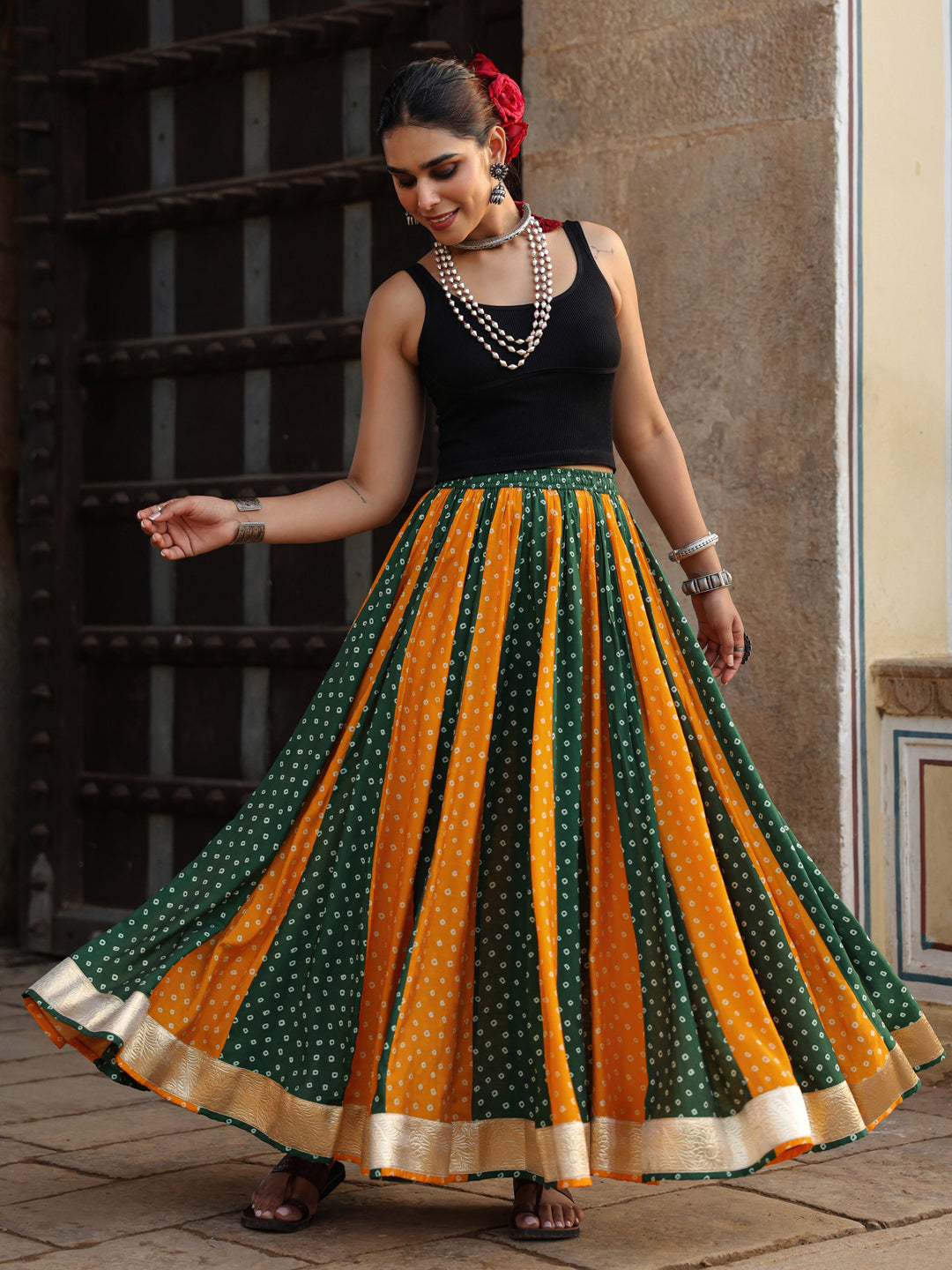 Women's Dual Coloured Bandhani Printed Long Skirt