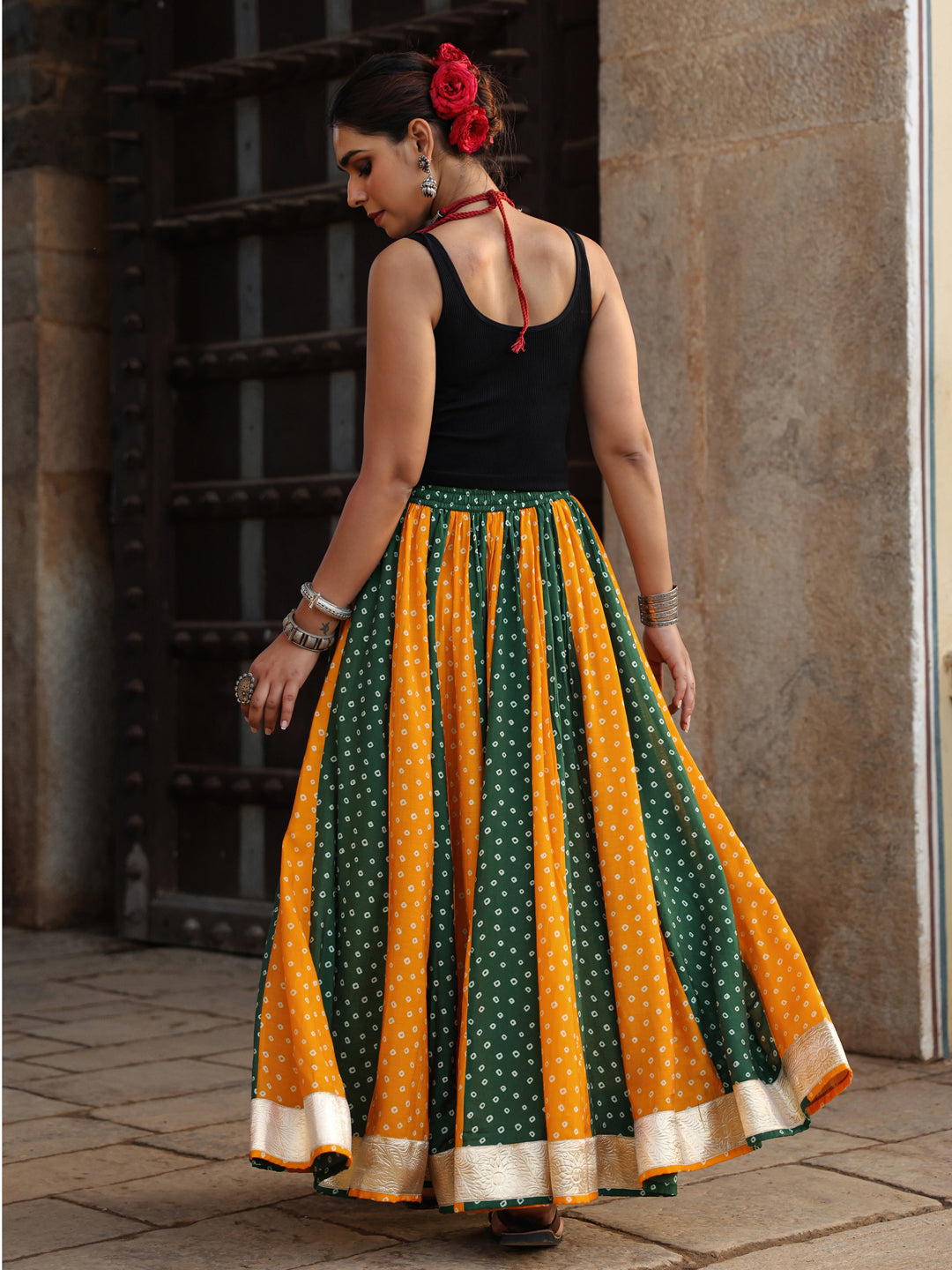 Women's Dual Coloured Bandhani Printed Long Skirt