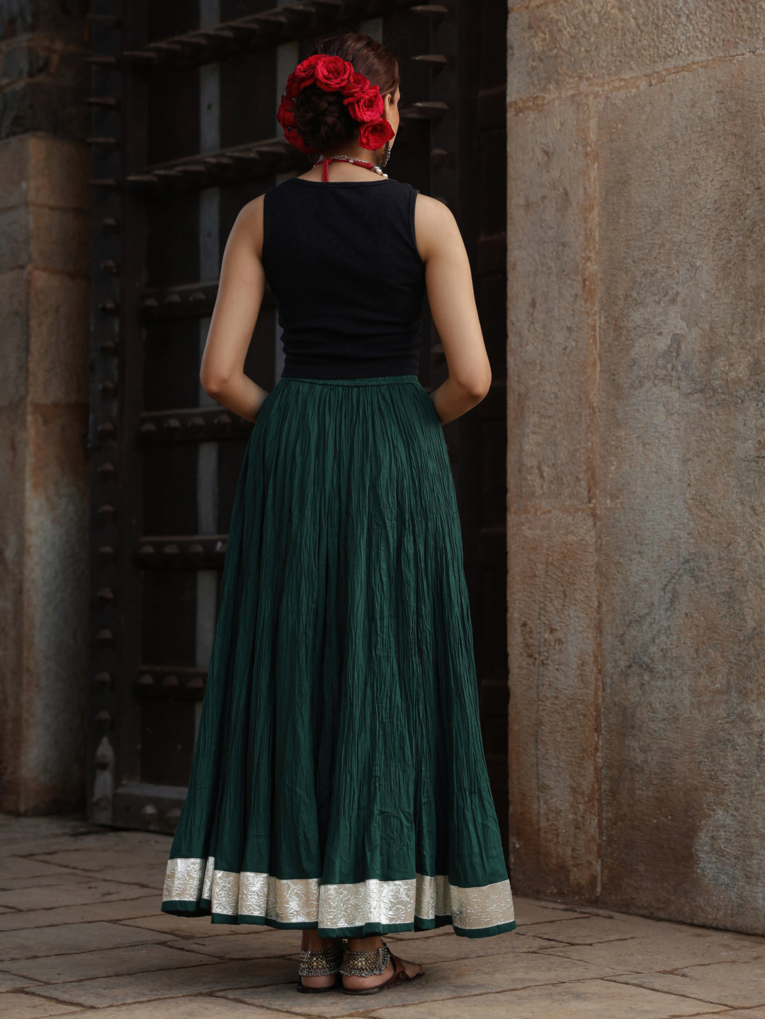 Women's Solid Flared Green Skirt