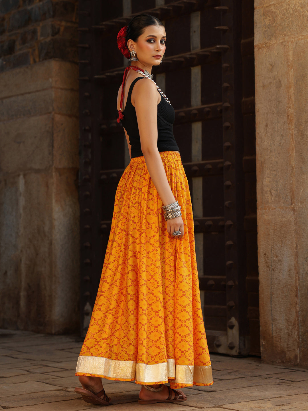 Women's Bandhani Printed Flared Long Skirt Yellow
