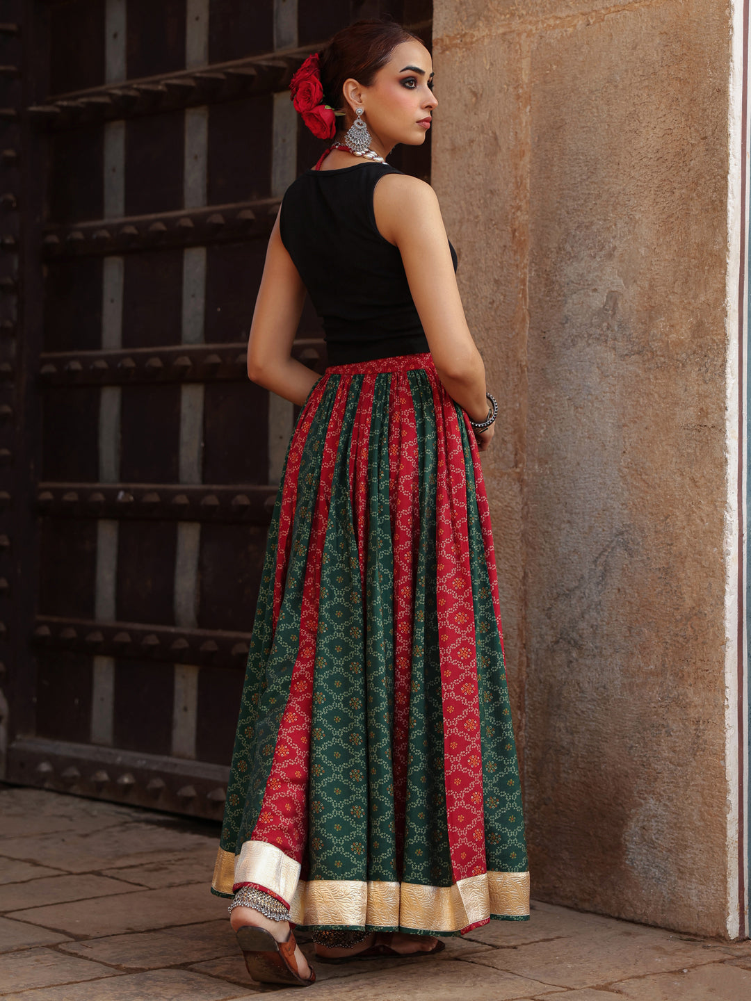 Women's Dual Coloured Bandhani Printed Long Skirt