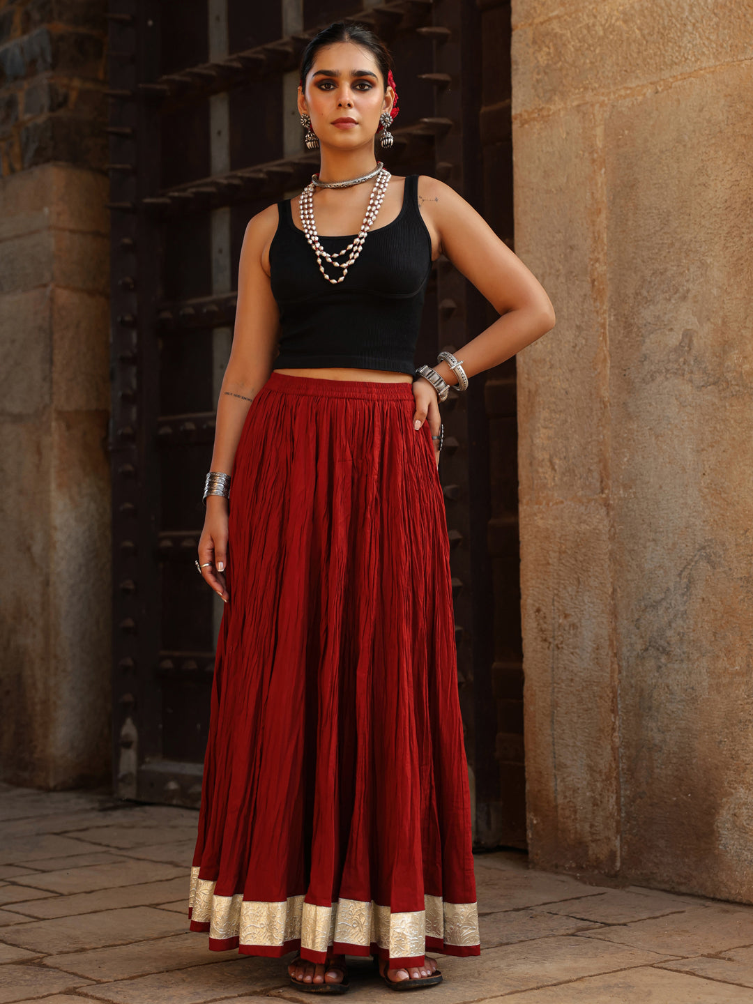 Women's Solid Flared Maroon Skirt