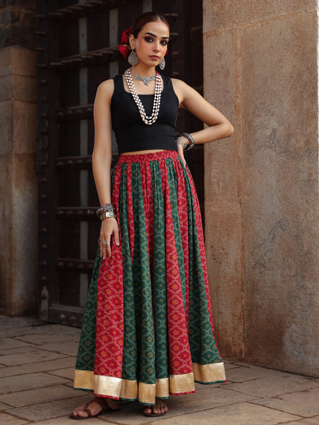 Women's Dual Coloured Bandhani Printed Long Skirt