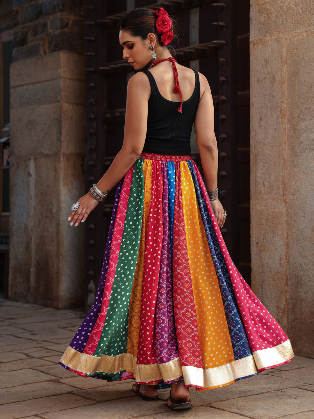 Women's Multi Coloured Bandhni Flared Long Skirt