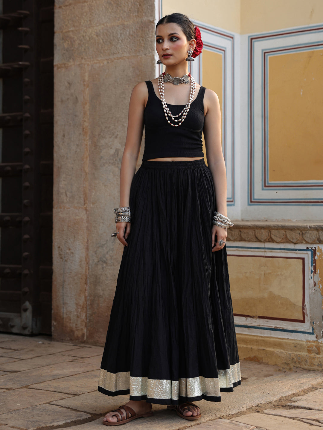 Women's Solid Flared Black Skirt