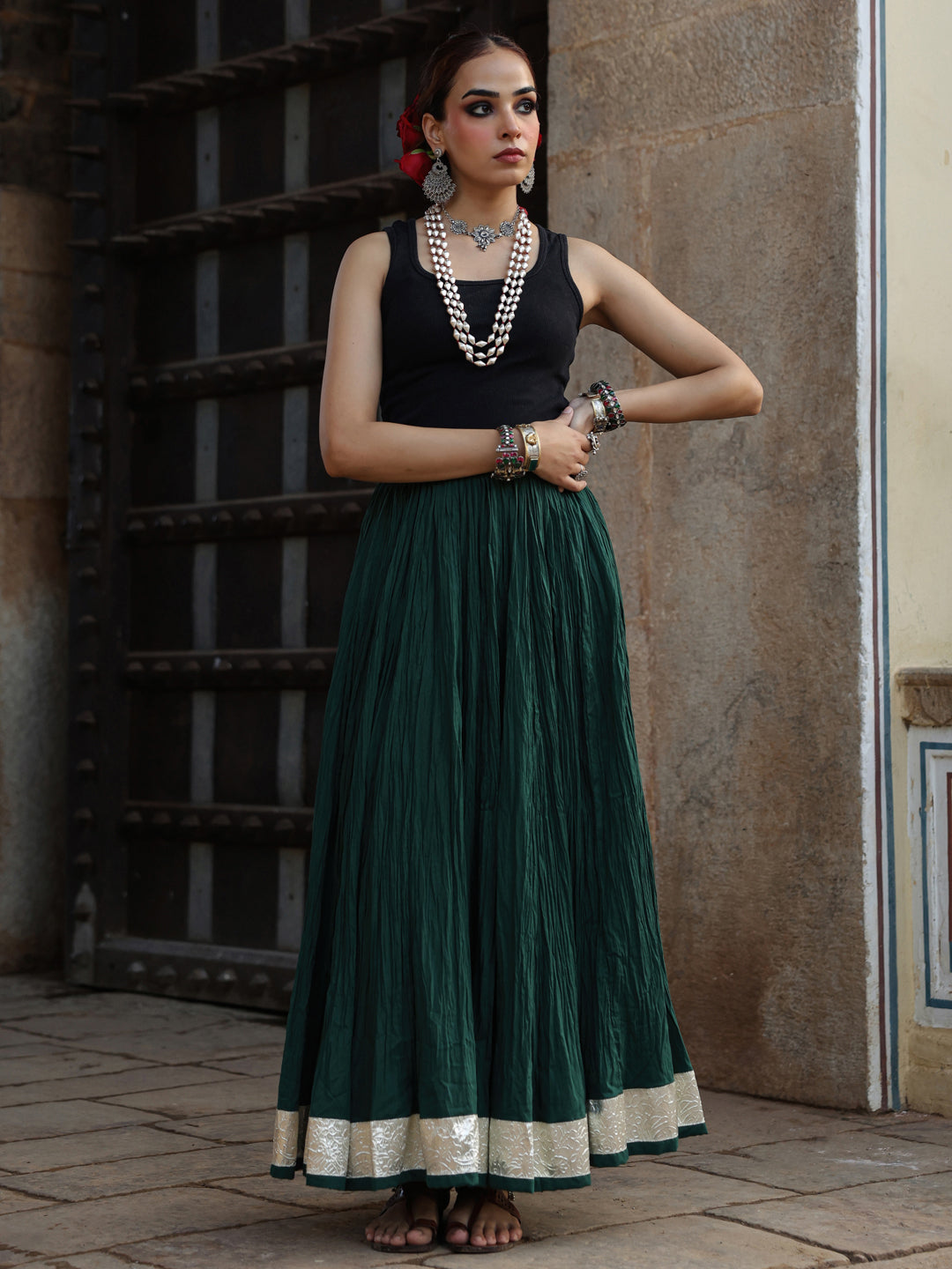 Women's Solid Flared Green Skirt