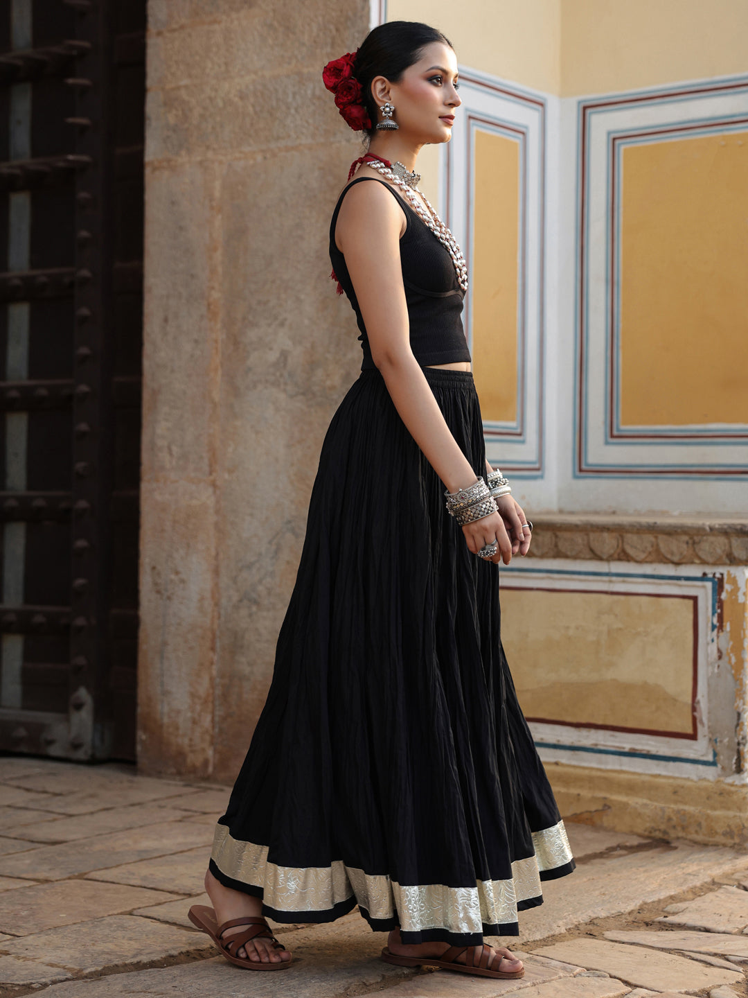 Women's Solid Flared Black Skirt