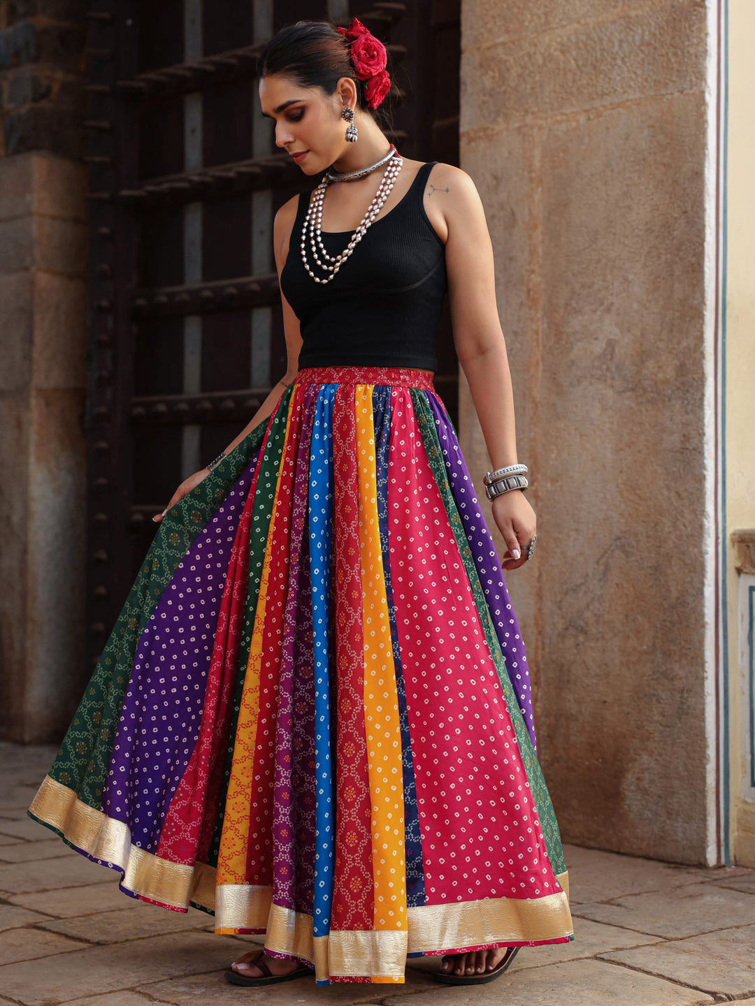 Women's Multi Coloured Bandhni Flared Long Skirt