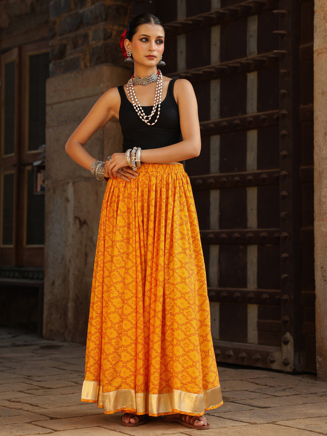 Women's Bandhani Printed Flared Long Skirt Yellow