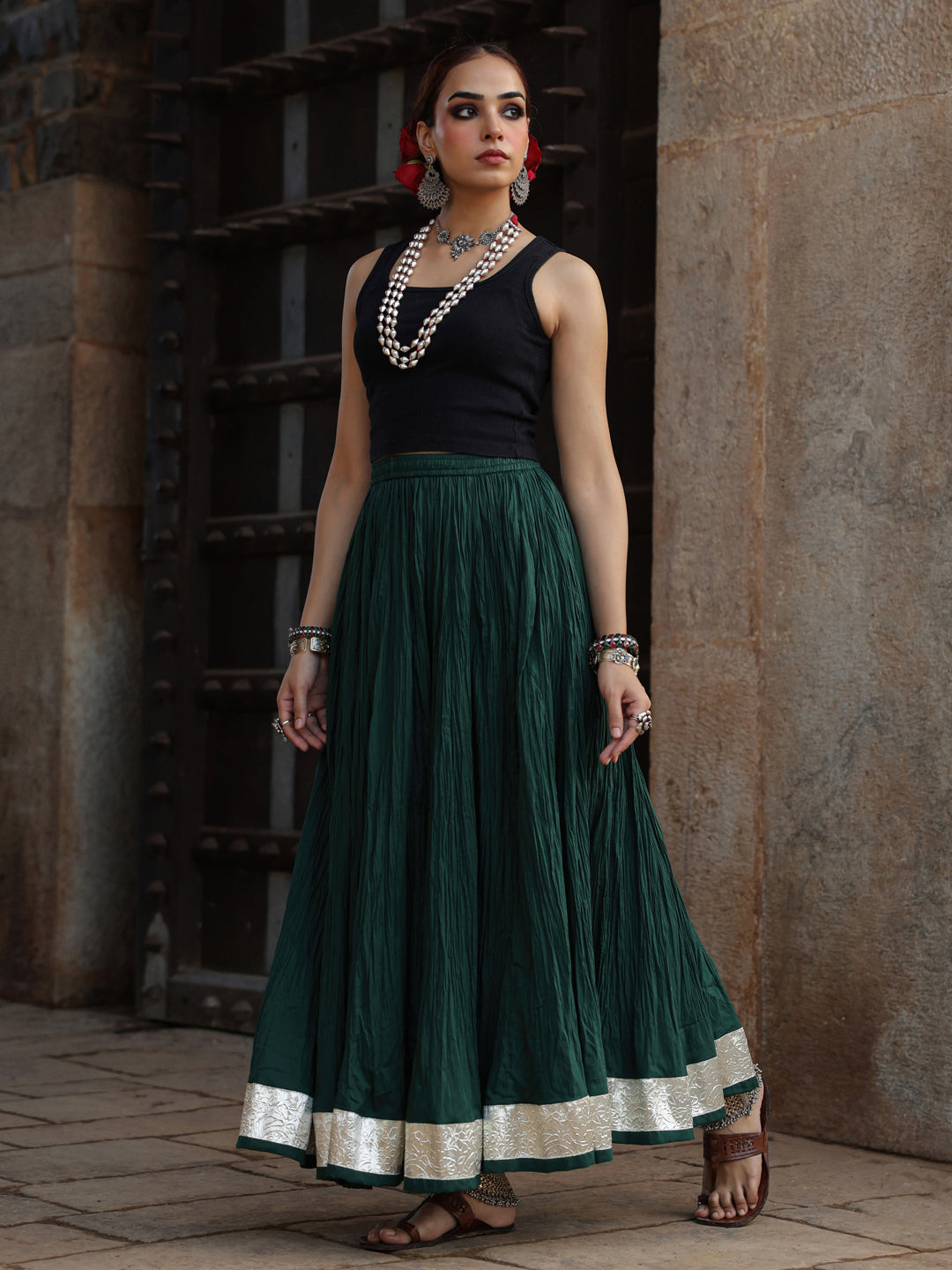 Women's Solid Flared Green Skirt