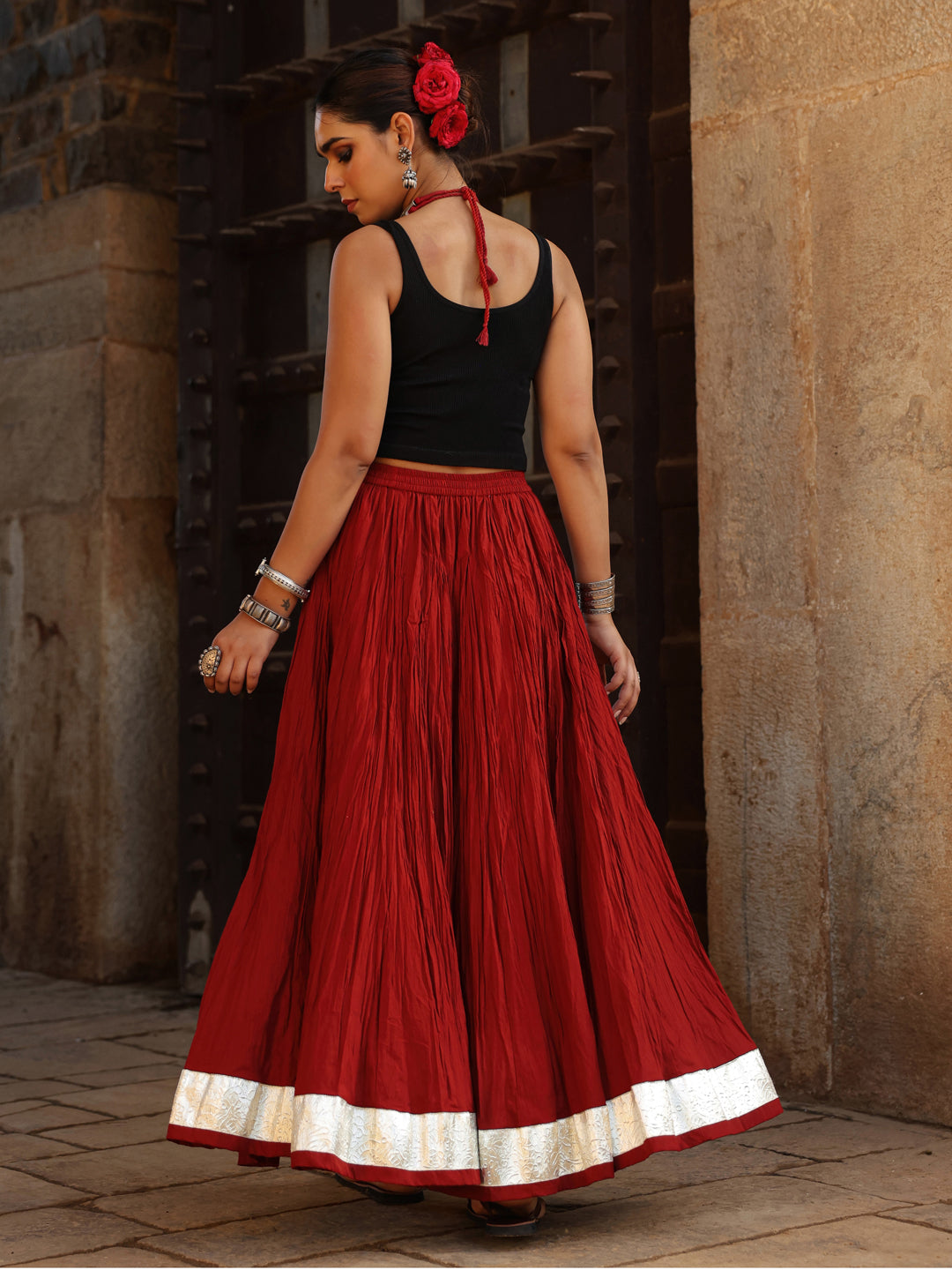 Women's Solid Flared Maroon Skirt
