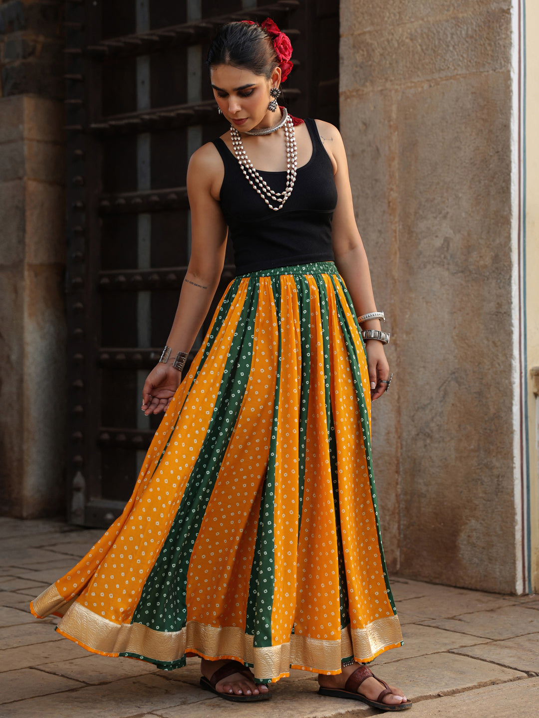 Women's Dual Coloured Bandhani Printed Long Skirt