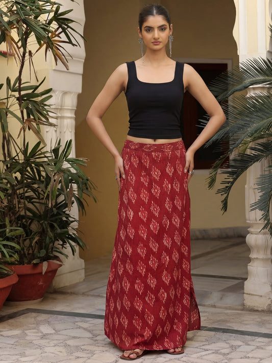 Women Red & Cream Cambric Abstract Side Slit Maxi Straight Skirt