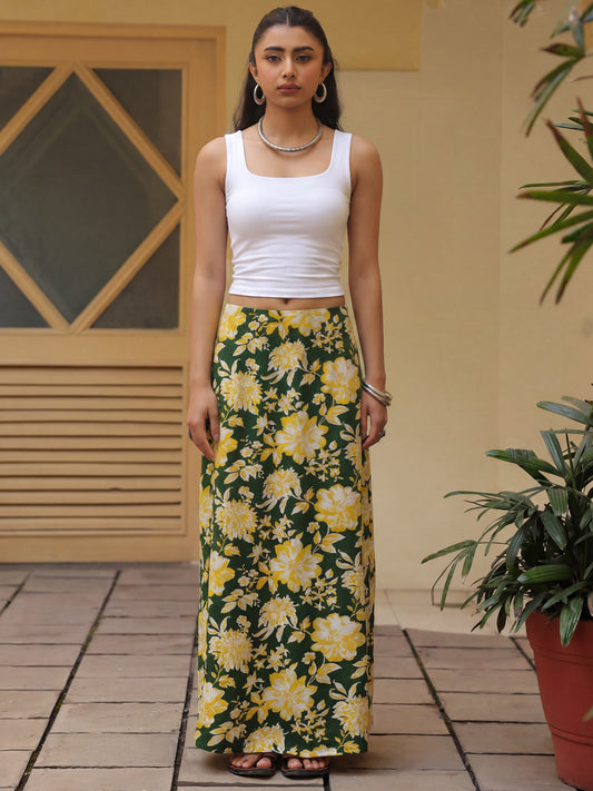 Women Green & Yellow Cambric Floral Maxi A-Line Skirt