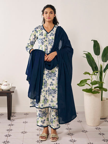 Women's Floral Panelled Aanarkali Suit Set with Dupatta