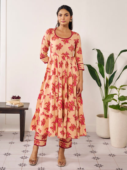 Women's Cotton Anarkali Kurta With Trouser And Dupatta