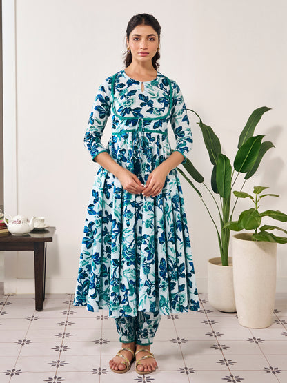 Women's Cotton Anarkali Kurta With Dhoti Pant And Kota Doria Dupatta Suit Set