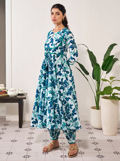 Women's Cotton Anarkali Kurta With Dhoti Pant And Kota Doria Dupatta Suit Set