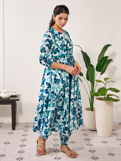 Women's Cotton Anarkali Kurta With Dhoti Pant And Kota Doria Dupatta Suit Set