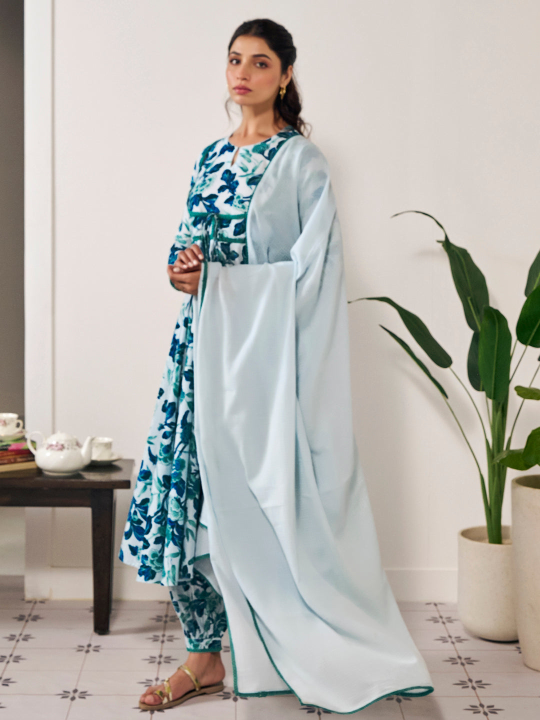 Buy Women's Cotton Anarkali Kurta With Dhoti Pant And Kota Doria Dupatta Suit Set Online in India