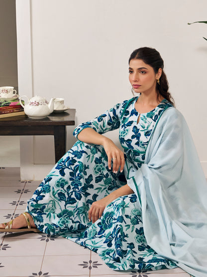 Women's Cotton Anarkali Kurta With Dhoti Pant And Kota Doria Dupatta Suit Set