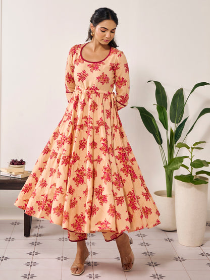 Women's Cotton Anarkali Kurta With Trouser And Dupatta