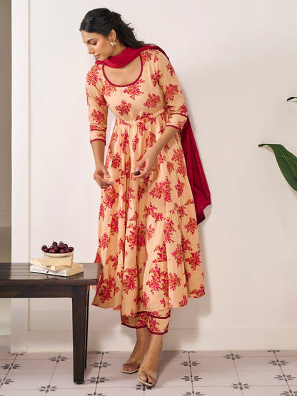 Women's Cotton Anarkali Kurta With Trouser And Dupatta