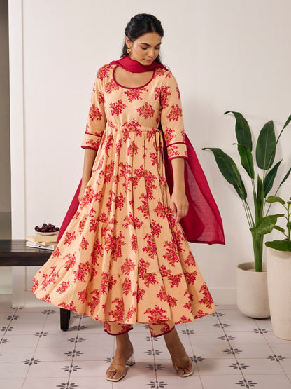 Women's Cotton Anarkali Kurta With Trouser And Dupatta