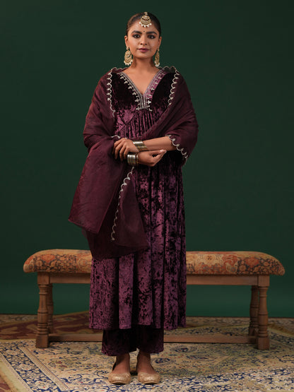Women's Maroon Embroiderd Velvet Kurta Set with Dupatta