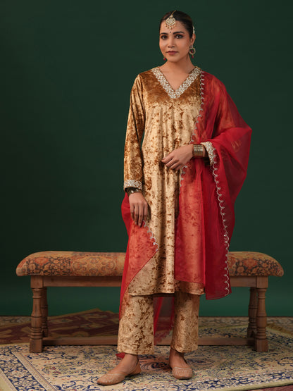 Women's Gold Embroiderd Velvet Kurta Set with Dupatta