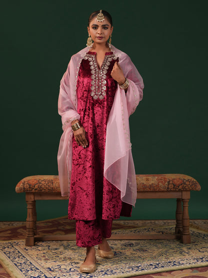 Women's Red Embroiderd Velvet Kurta Set with Dupatta