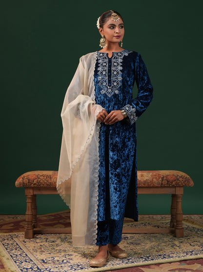 Women's Velvet Blue Embroiderd Kurta Set with Dupatta