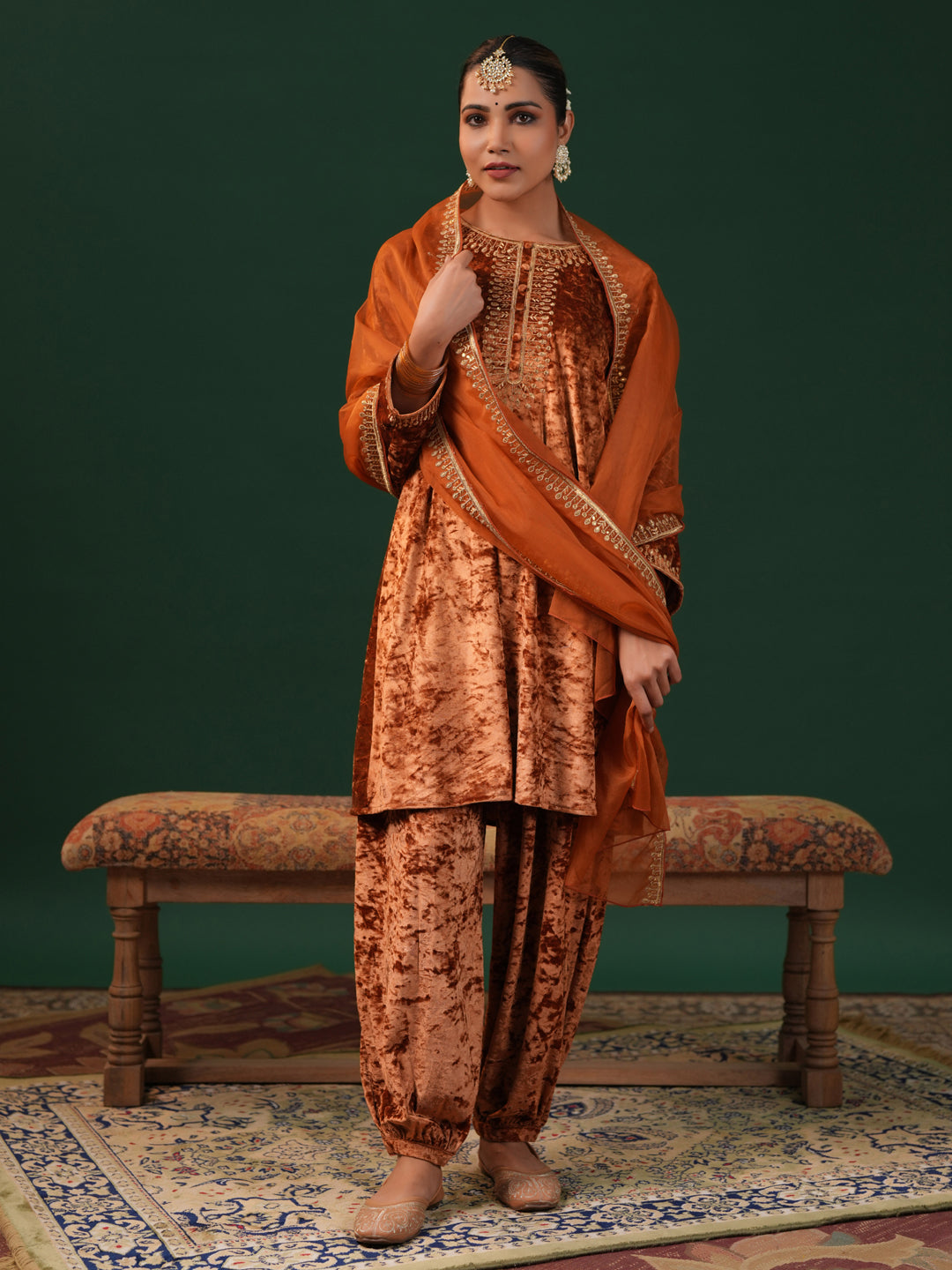 Women's Copper Embroiderd Velvet Kurta Set with Dupatta