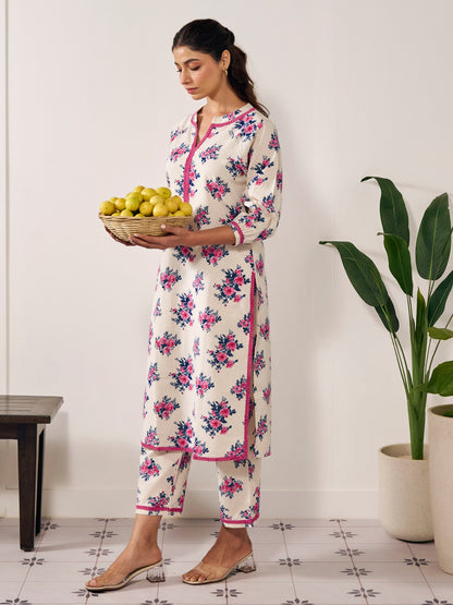Women's Floral Balloon Sleeves Straight Kurta Set