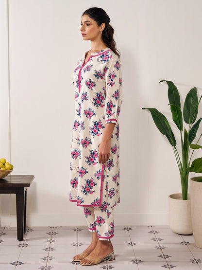 Women's Floral Balloon Sleeves Straight Kurta Set