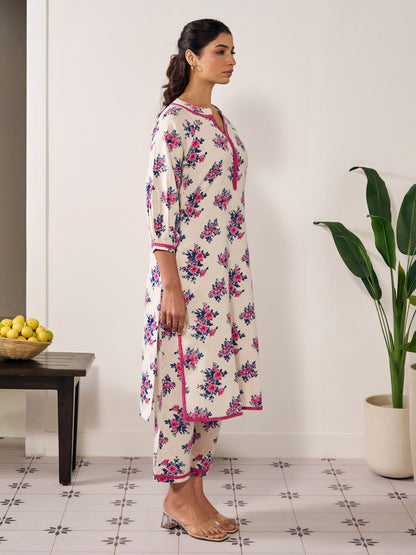 Women's Floral Balloon Sleeves Straight Kurta Set