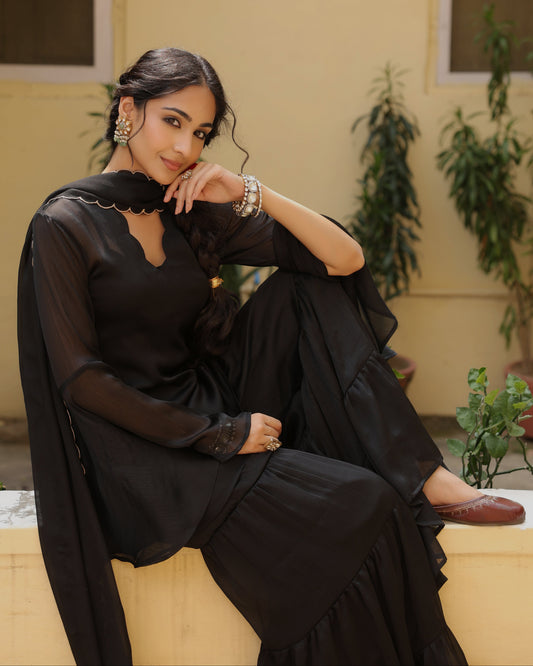 Women's Black Chiffon Sharara Set with Dupatta