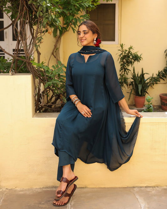 Women's Teal Chiffon Kurta Set with Dupatta