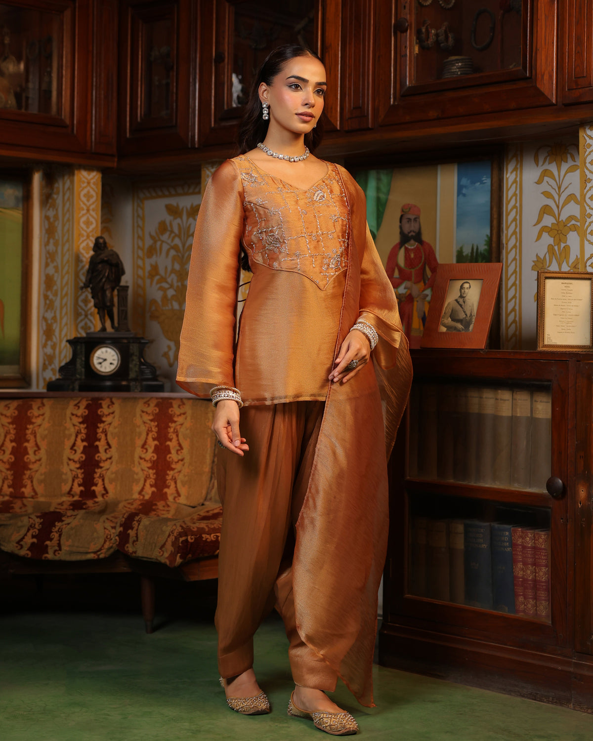 Women's Gold Embroidered Salwar Set with Dupatta