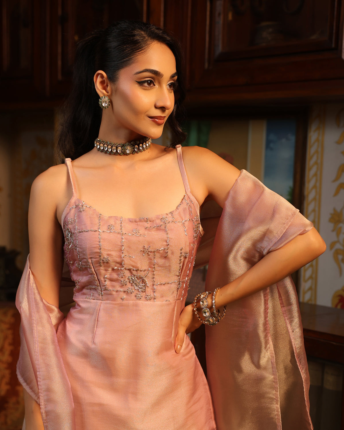 Women's Lilac Tissue Farshi Set with Dupatta