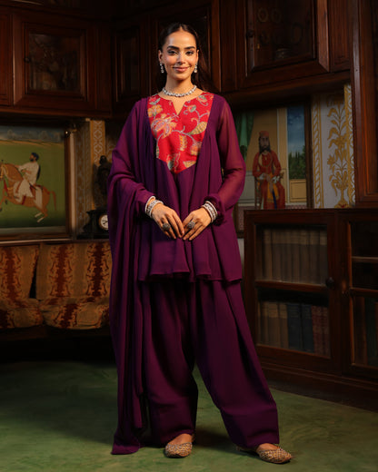 Women's Purple Embroidered Farshi Set with Dupatta