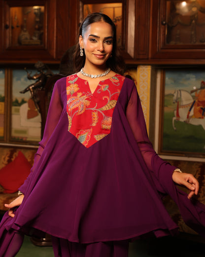 Women's Purple Embroidered Farshi Set with Dupatta