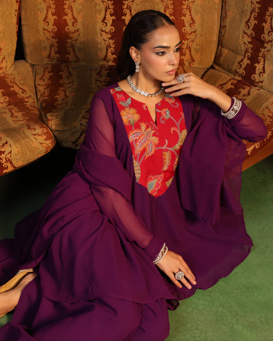Women's Purple Embroidered Farshi Set with Dupatta
